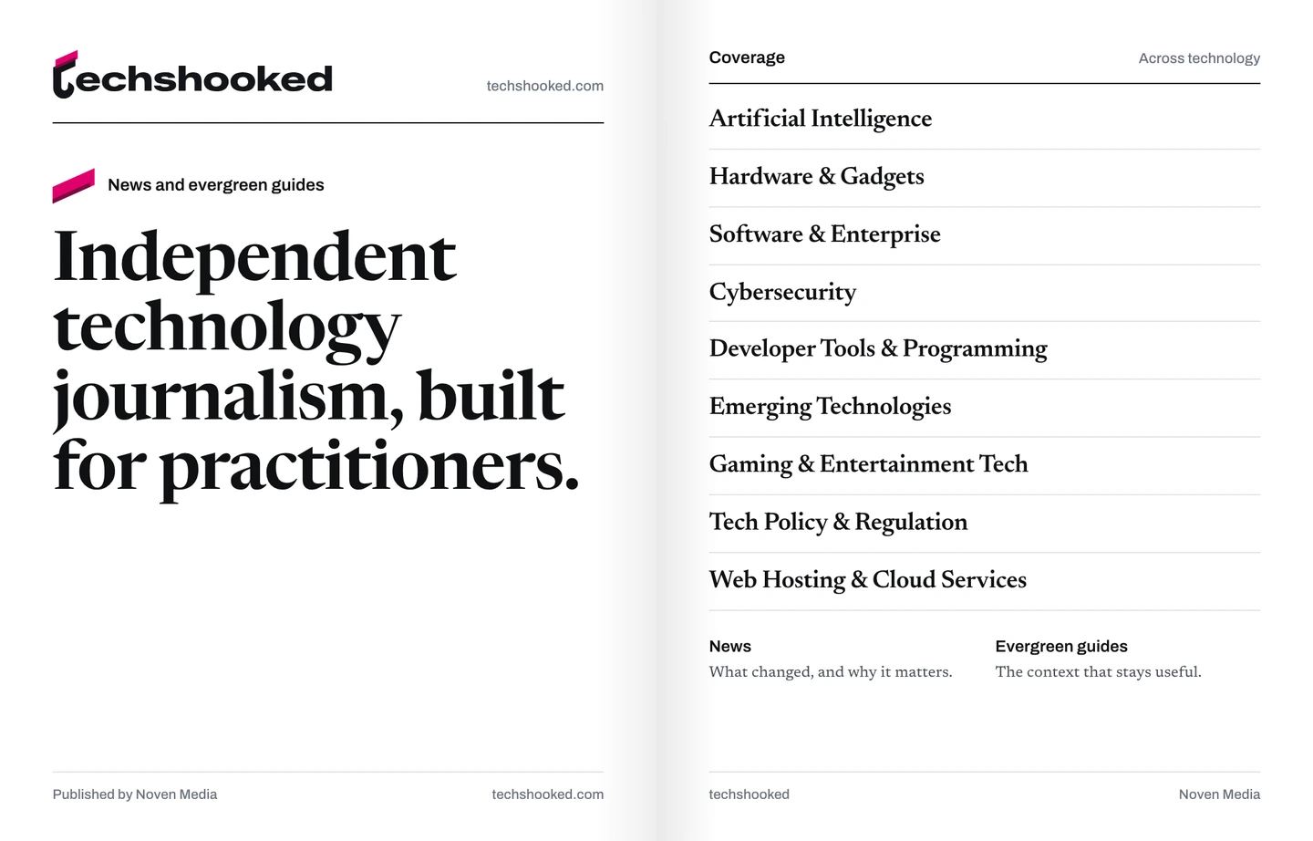 An open techshooked spread: the cover with the tagline, and the coverage areas